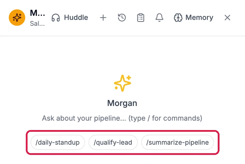 The sales agent's panel with a new chat: Ask about your pipeline, type slash for commands, and the shortcuts daily-standup, qualify-lead and summarize-pipeline, outlined