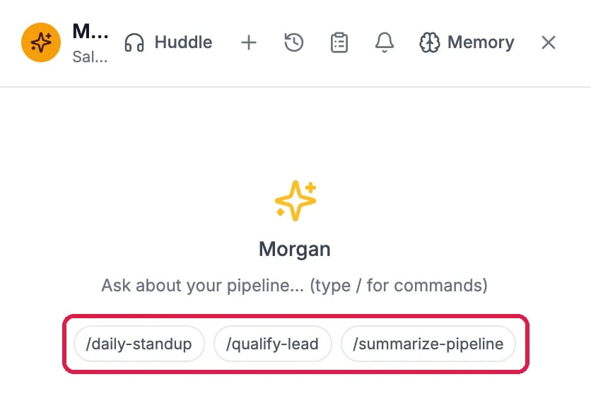 The sales agent's panel with a new chat: Ask about your pipeline, type slash for commands, and the shortcuts daily-standup, qualify-lead and summarize-pipeline, outlined