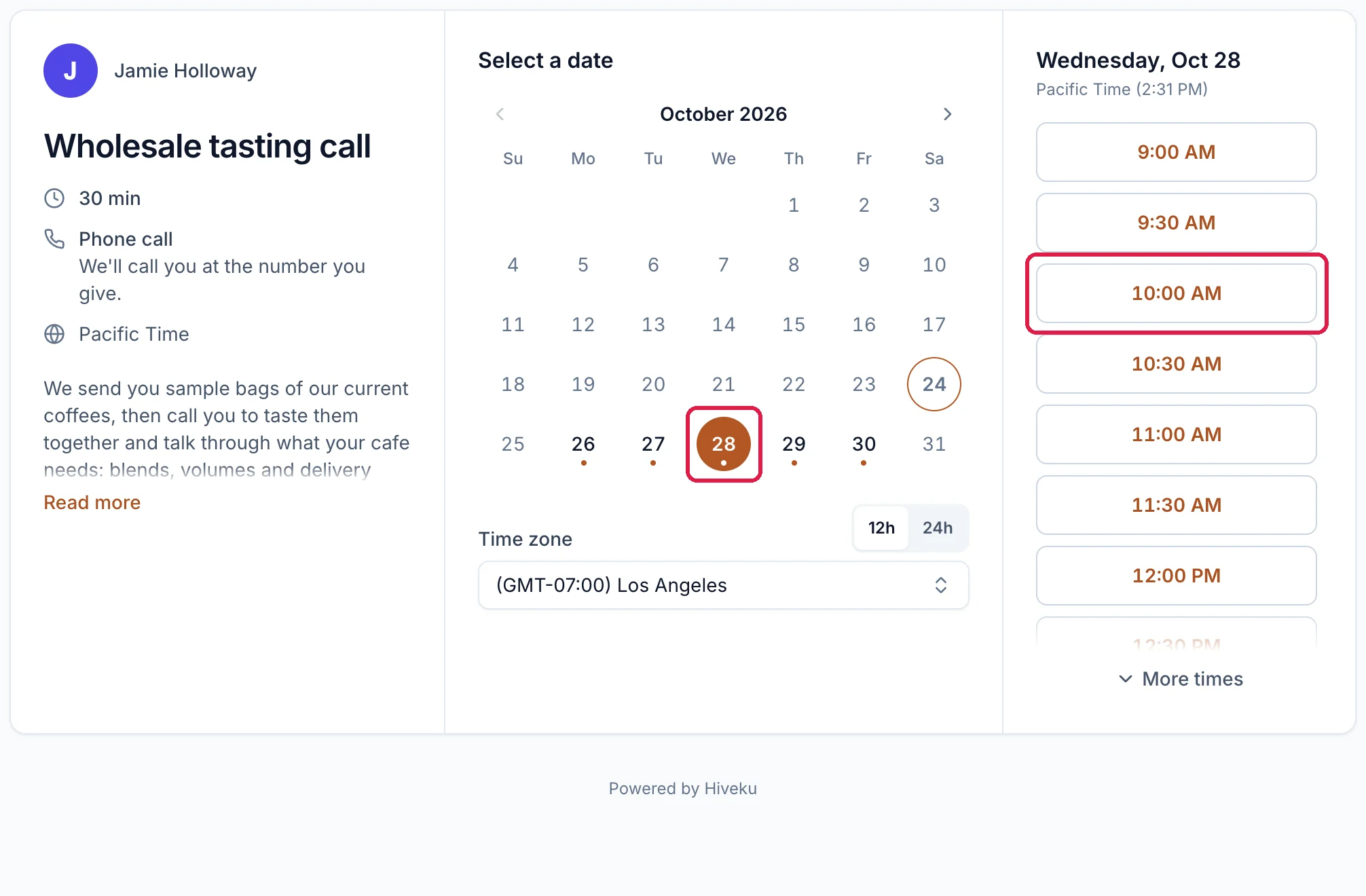 Wholesale tasting call with Jamie Holloway, 30 min, Phone call, Pacific Time; the October 2026 calendar with Wednesday 28 selected, outlined; Time zone (GMT-07:00) Los Angeles; and the times for Wednesday, Oct 28, with 10:00 AM outlined
