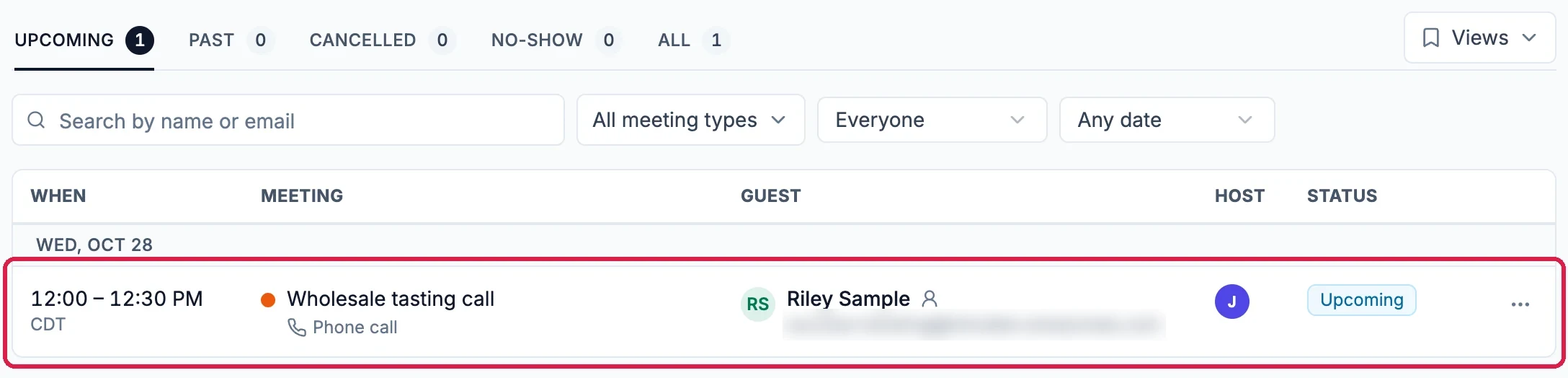 Bookings with the tabs Upcoming 1, Past 0, Cancelled 0, No-show 0 and All 1; search and the filters All meeting types, Everyone and Any date; and the row Wed, Oct 28, 12:00 to 12:30 PM CDT, Wholesale tasting call, Phone call, guest Riley Sample, host, Upcoming, outlined