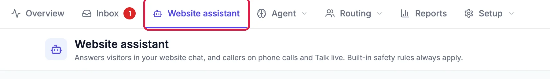 The Helpdesk tabs with Website assistant outlined
