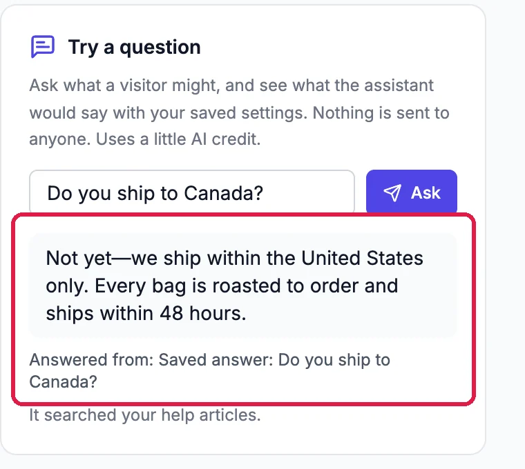 The new reply Not yet, we ship within the United States only, and Answered from: Saved answer: Do you ship to Canada?, outlined
