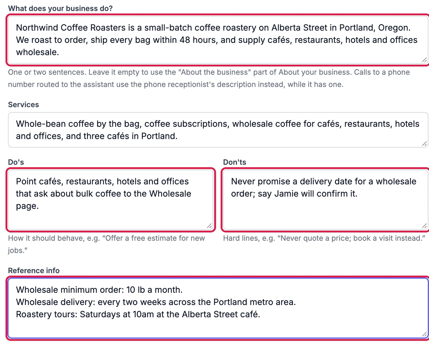 Business context: the description, Do's, Don'ts and three Reference info lines outlined, and the Save button outlined