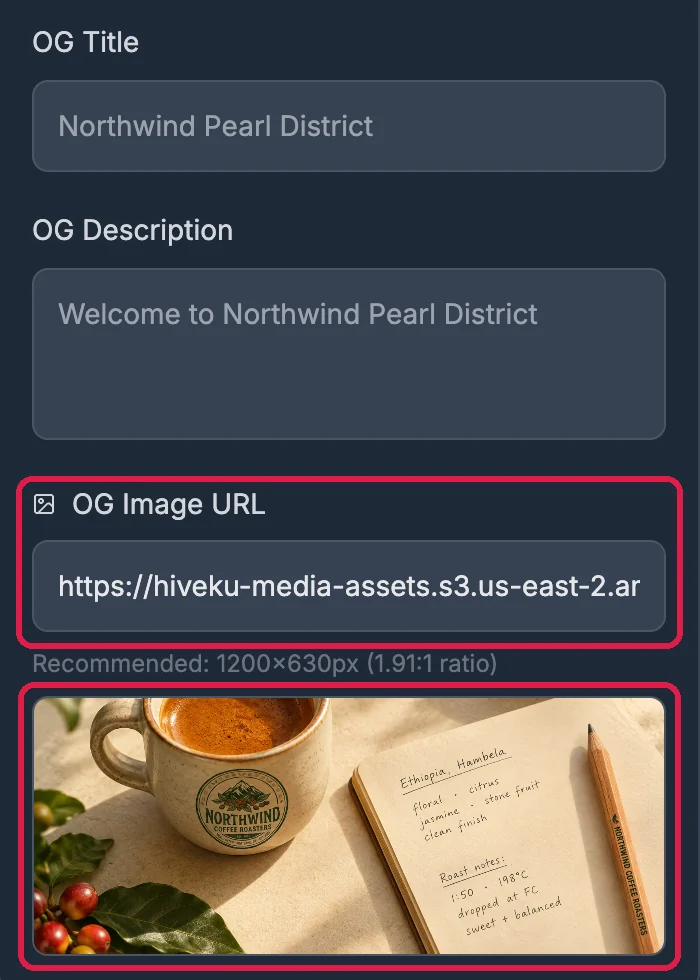 OG Title and OG Description, empty, showing the page's own title and description in grey; OG Image URL with the pasted link, outlined; and the picture of a Northwind cup next to a tasting notebook, outlined