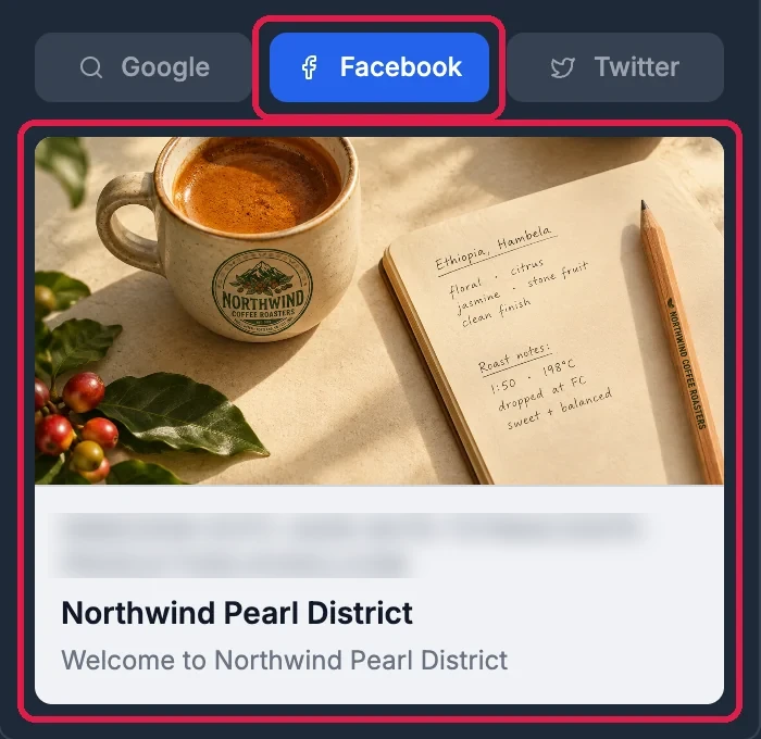 Live Previews with Facebook selected, outlined; the card, outlined: the picture of the Northwind cup, the site's address, Northwind Pearl District and Welcome to Northwind Pearl District