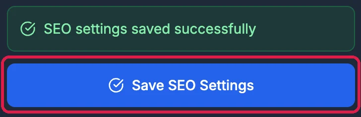 SEO settings saved successfully, above Save SEO Settings, outlined