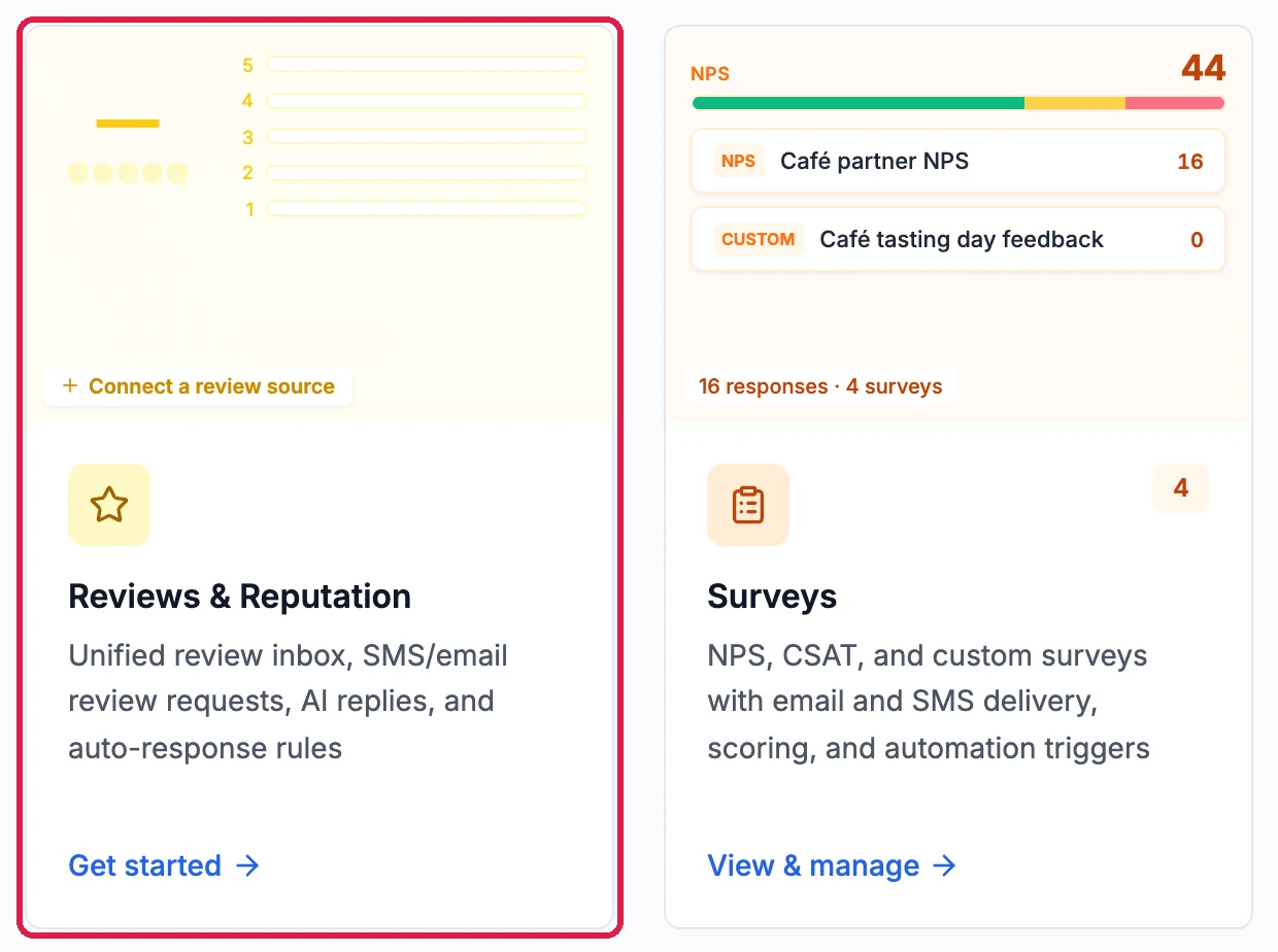 The Reviews & Reputation card on the Marketing page, outlined, next to the Surveys card