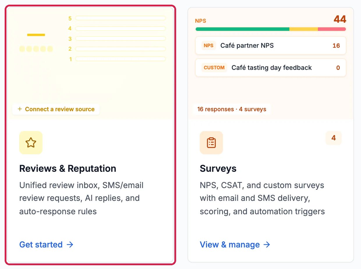 The Reviews & Reputation card on the Marketing page, outlined, next to the Surveys card