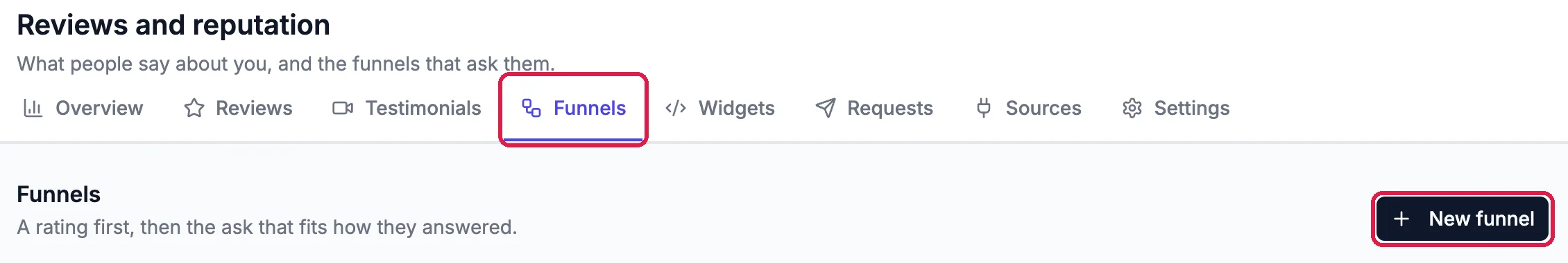 Reviews and reputation with the Funnels tab and the New funnel button outlined