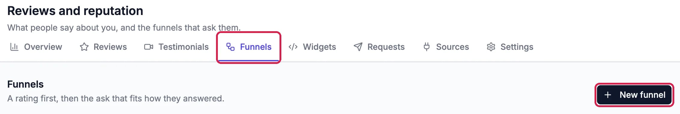 Reviews and reputation with the Funnels tab and the New funnel button outlined