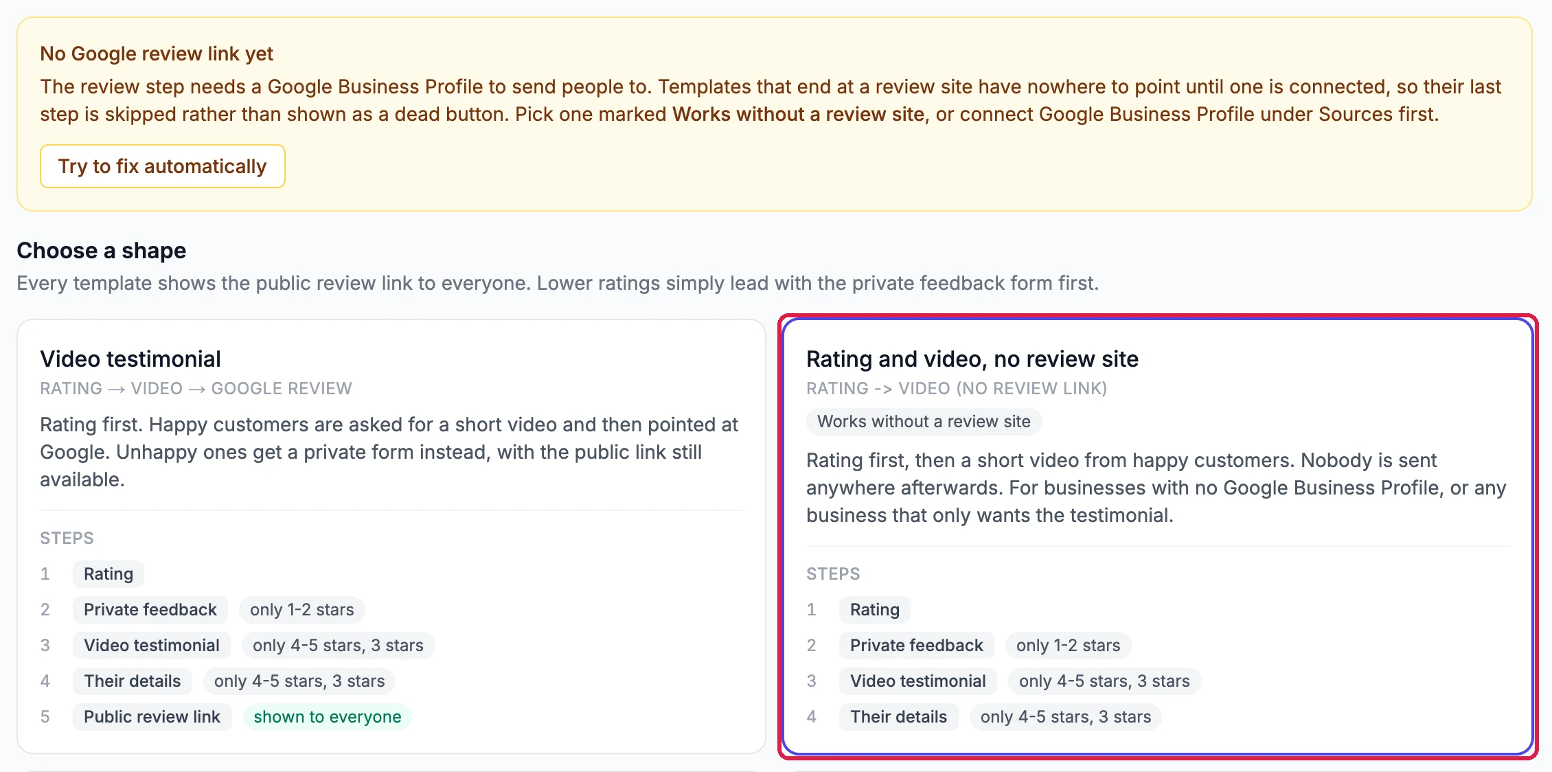 No Google review link yet, and below it the Rating and video, no review site template outlined, marked Works without a review site, with its four steps