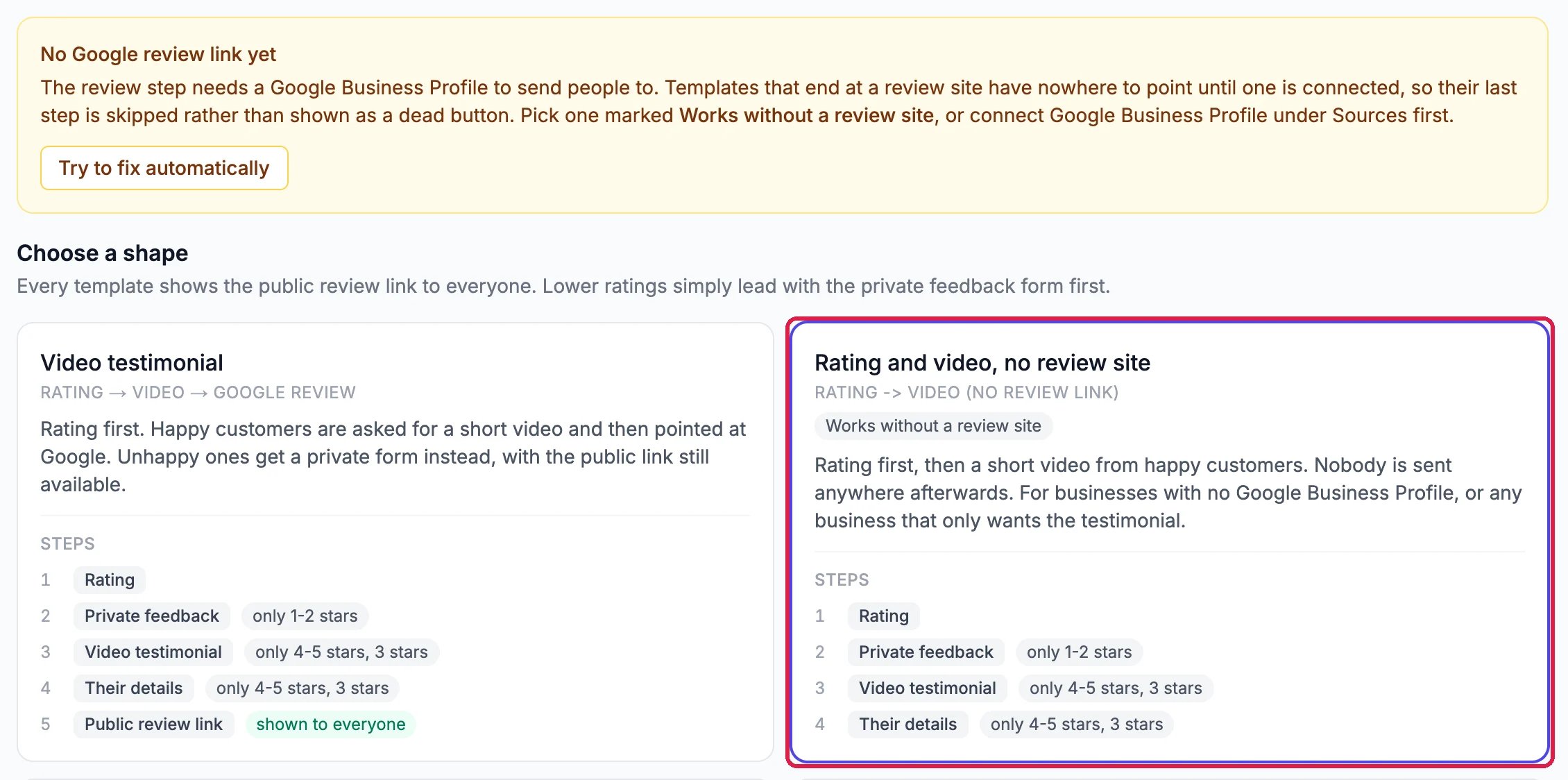 No Google review link yet, and below it the Rating and video, no review site template outlined, marked Works without a review site, with its four steps