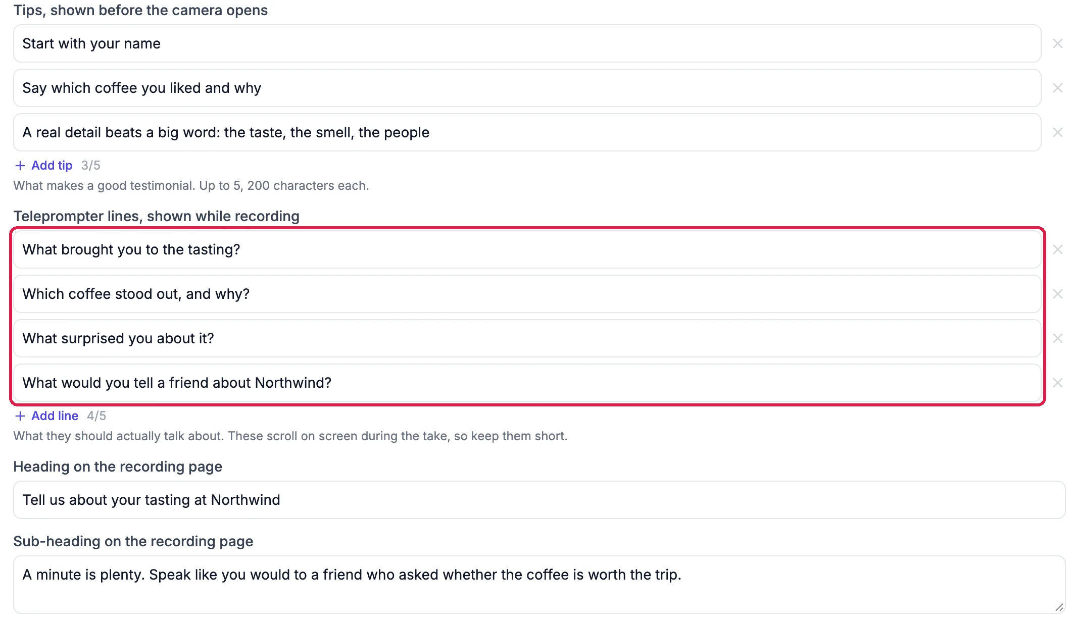 The Video testimonial step's settings: three tips, the four teleprompter lines about the tasting outlined, and the heading Tell us about your tasting at Northwind