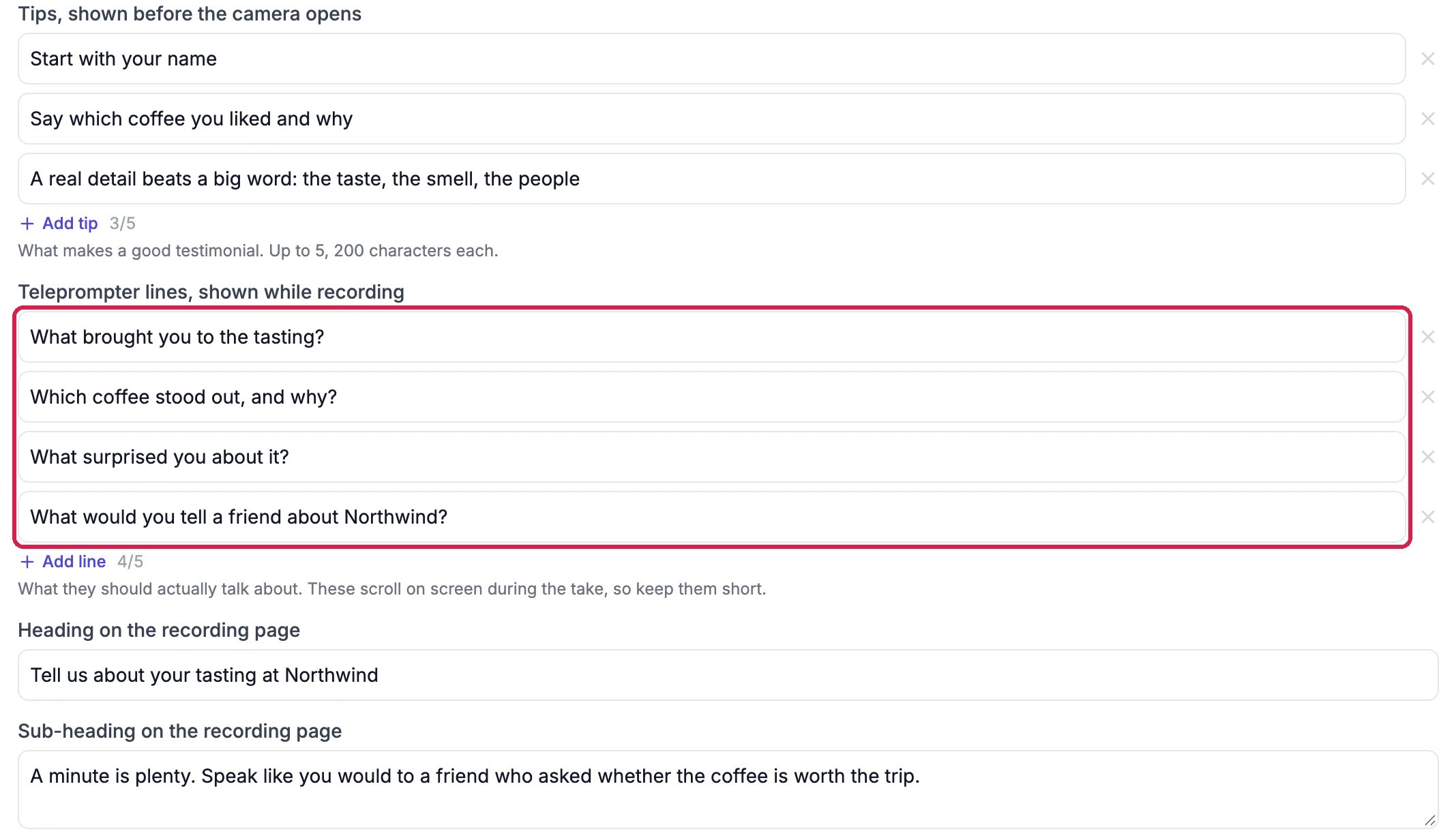 The Video testimonial step's settings: three tips, the four teleprompter lines about the tasting outlined, and the heading Tell us about your tasting at Northwind