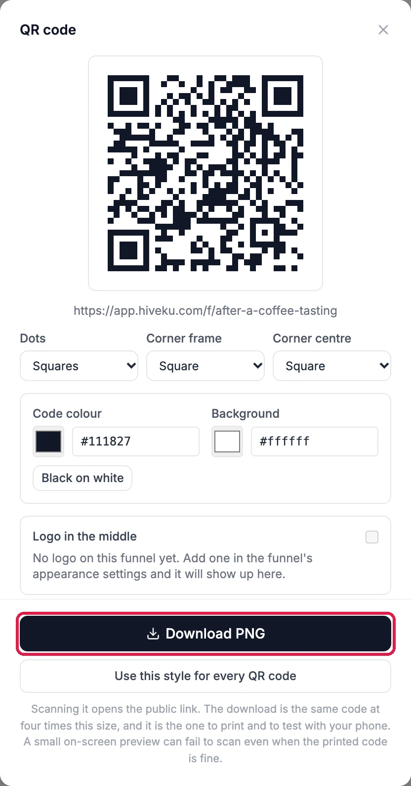 The QR code window with the code for the public link, its style choices and the Download PNG button outlined
