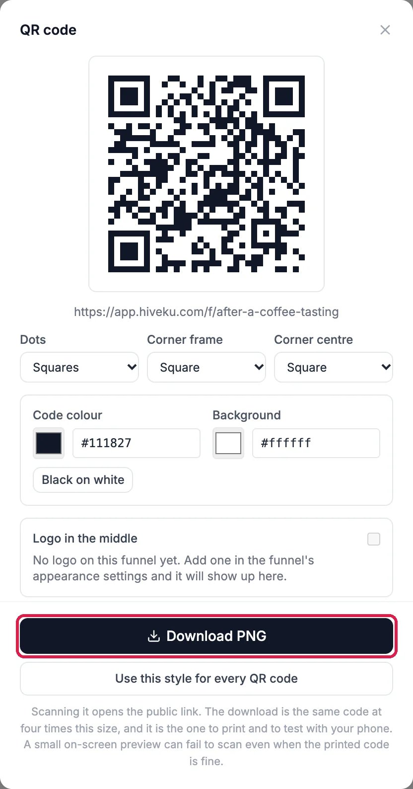 The QR code window with the code for the public link, its style choices and the Download PNG button outlined