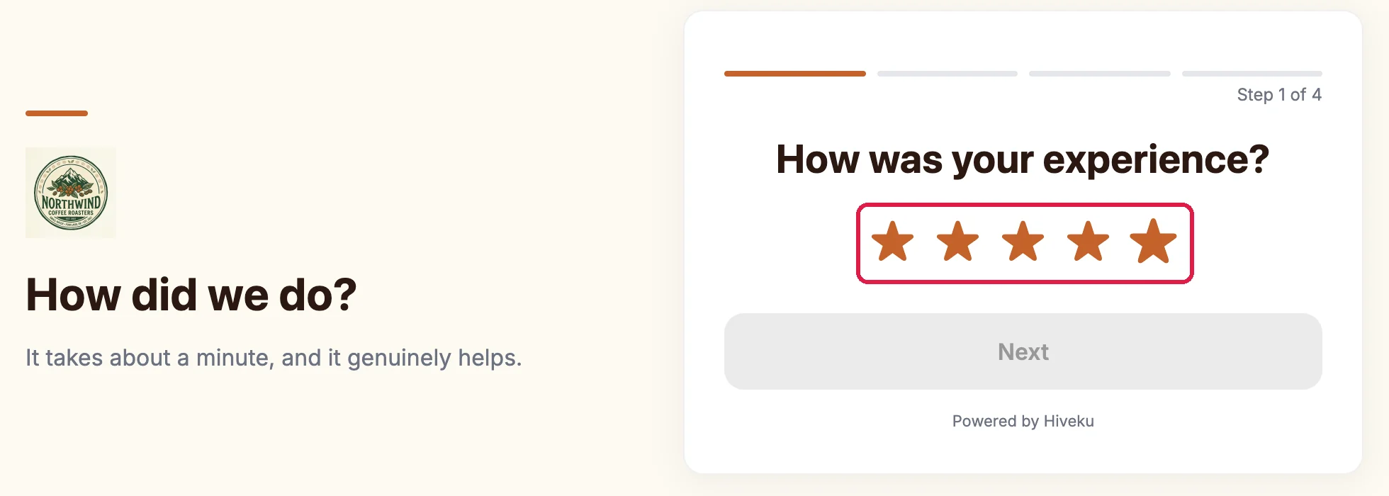 The funnel page with the Northwind logo, How did we do?, and How was your experience? with five stars outlined