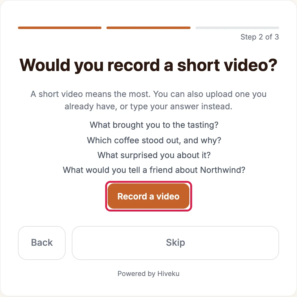 Would you record a short video?, with the four questions about the tasting and the Record a video button outlined