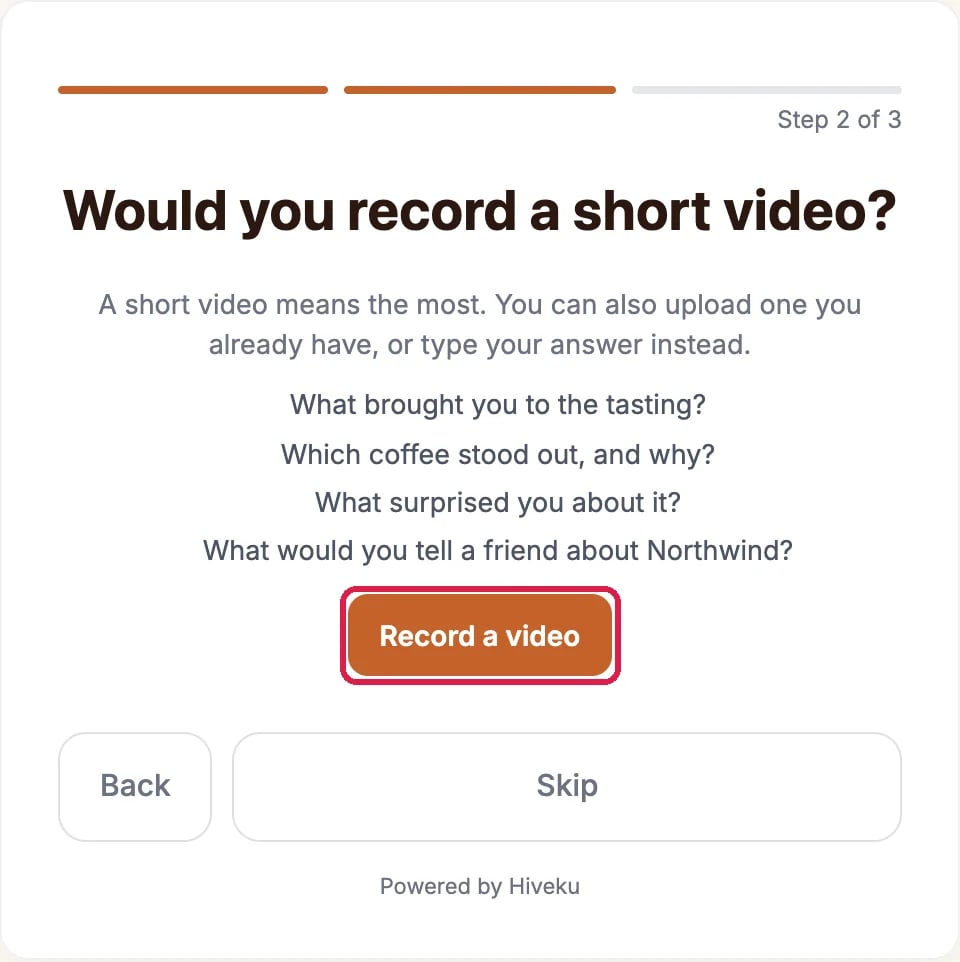 Would you record a short video?, with the four questions about the tasting and the Record a video button outlined