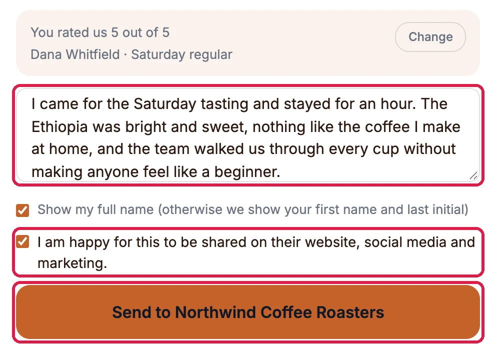 The typed testimonial, Show my full name ticked, the permission box I am happy for this to be shared on their website, social media and marketing ticked, and the Send to Northwind Coffee Roasters button, outlined