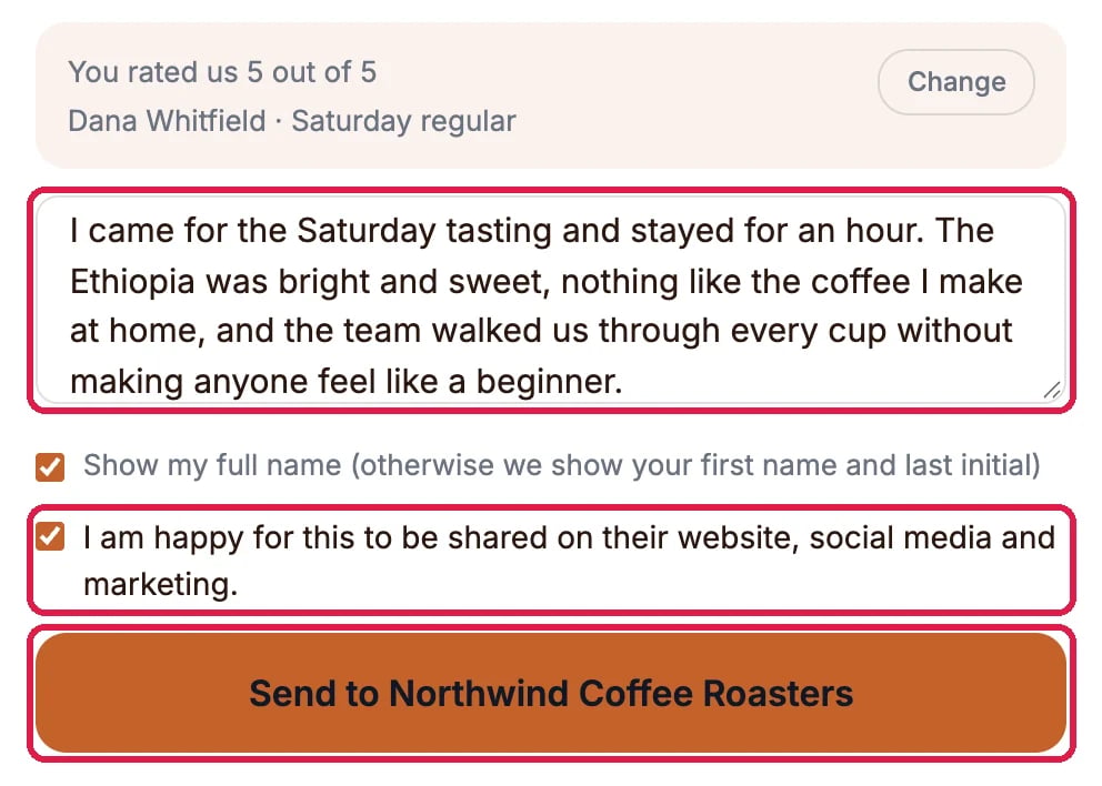 The typed testimonial, Show my full name ticked, the permission box I am happy for this to be shared on their website, social media and marketing ticked, and the Send to Northwind Coffee Roasters button, outlined