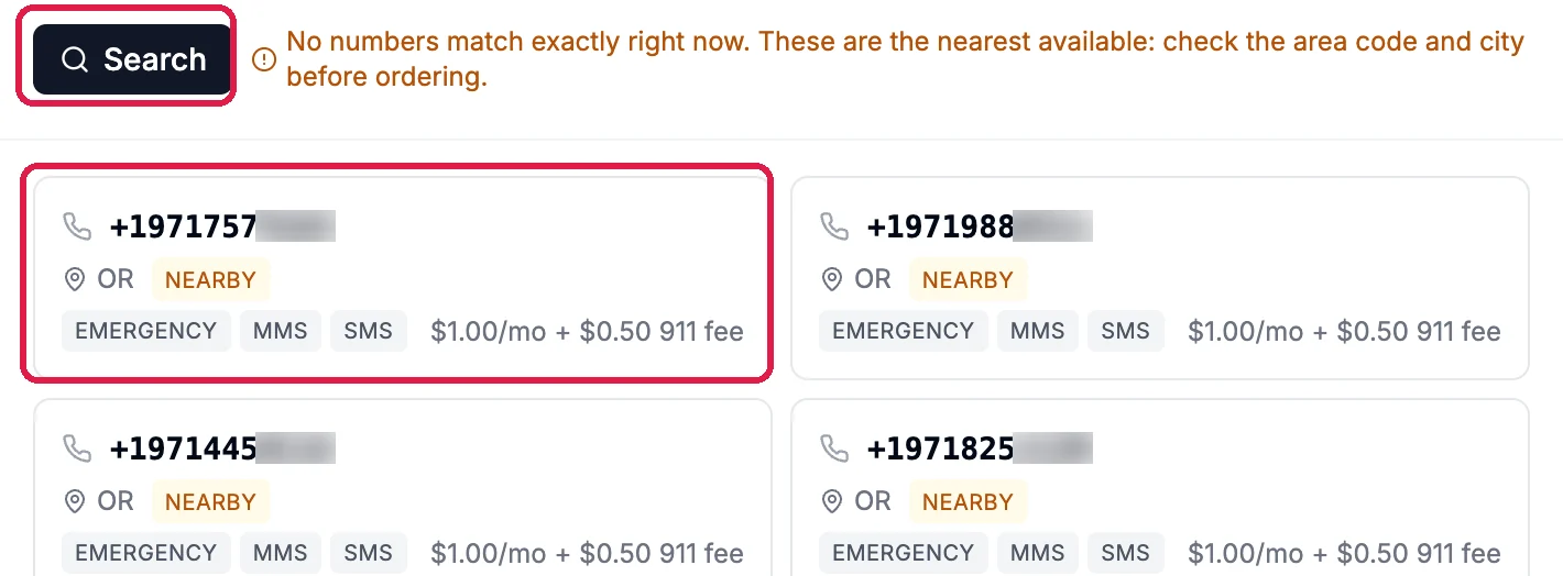Search, outlined, beside the note No numbers match exactly right now, these are the nearest available; and a number in 971, OR, Nearby, with Emergency, MMS and SMS and $1.00/mo + $0.50 911 fee, outlined. The last four digits of each number are blurred