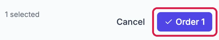 1 selected, Cancel, and the Order 1 button, outlined