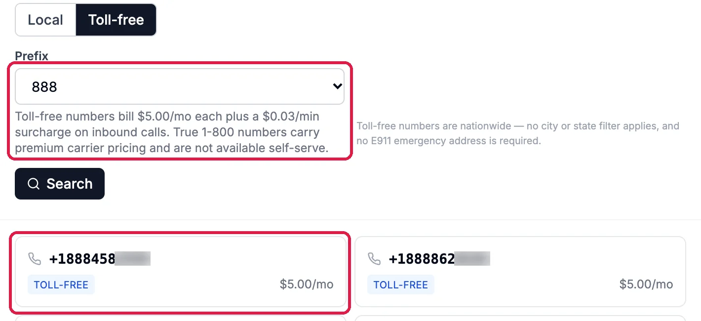 Toll-free with Prefix 888 and the line Toll-free numbers bill $5.00/mo each plus a $0.03/min surcharge on inbound calls, outlined; and a toll-free number at $5.00/mo, outlined. The last four digits of each number are blurred