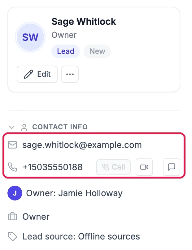 The contact Sage Whitlock, Owner, Lead, with Contact info sage.whitlock@example.com and the phone number, outlined