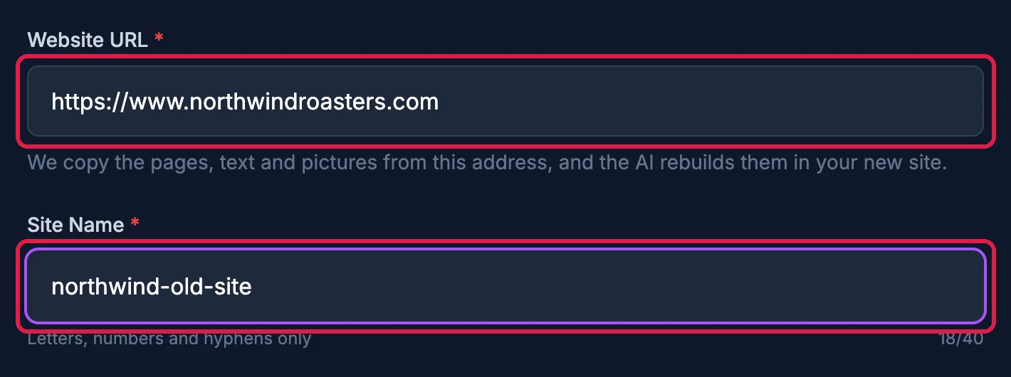 Website URL https://www.northwindroasters.com and Site Name northwind-old-site, both outlined