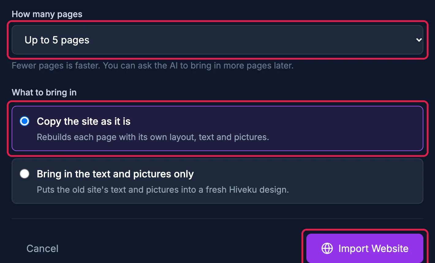 How many pages Up to 5 pages, outlined; What to bring in with Copy the site as it is, outlined, and Bring in the text and pictures only; and the Import Website button, outlined