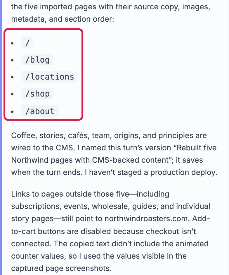 The AI's summary listing the rebuilt pages /, /blog, /locations, /shop and /about, outlined, and the notes on links and buttons it could not bring over