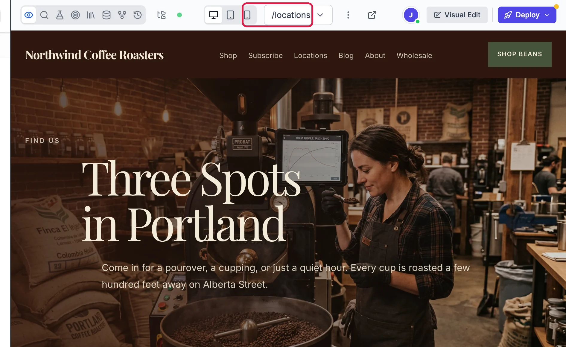 The preview showing /locations, outlined: Find us, Three Spots in Portland, with the roastery picture from the old site