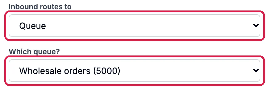 Edit number: Inbound routes to Queue, outlined, and Which queue? Wholesale orders (5000), outlined