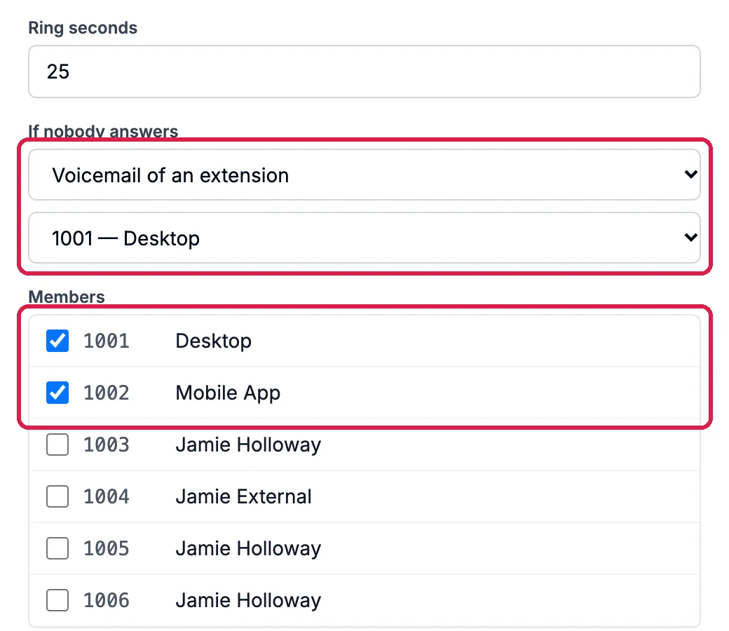 Ring seconds 25; If nobody answers: Voicemail of an extension, 1001 Desktop, outlined; Members with 1001 Desktop and 1002 Mobile App ticked, outlined