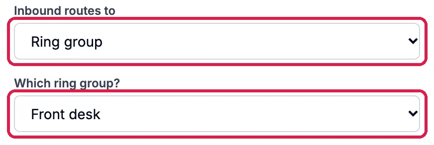 Edit number: Inbound routes to Ring group, outlined, and Which ring group? Front desk, outlined