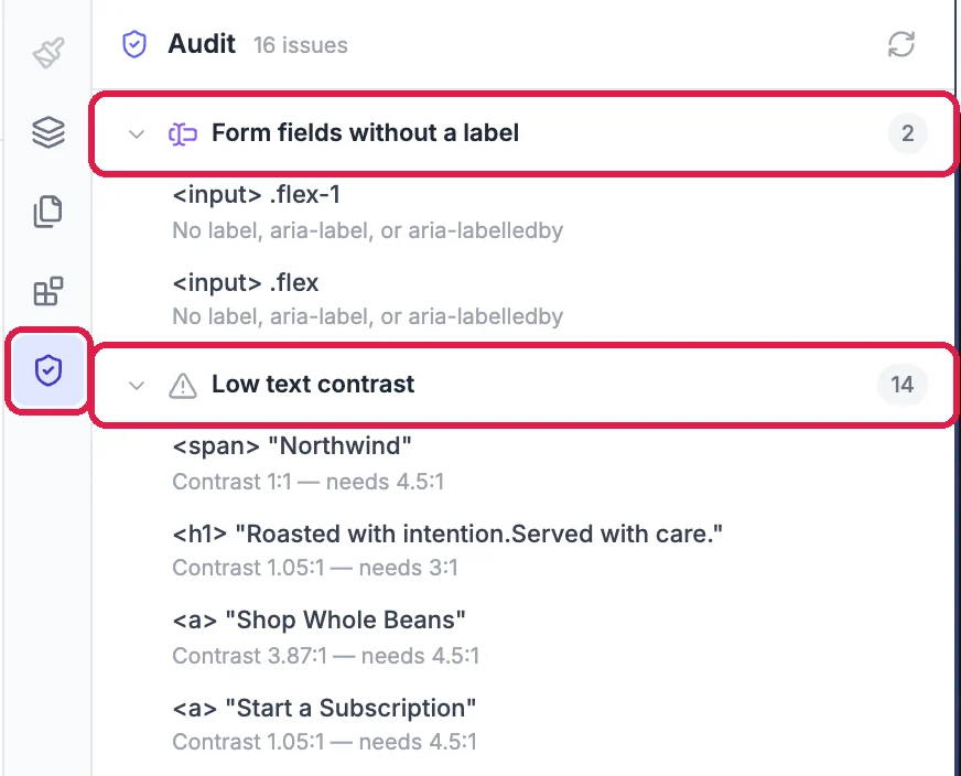 The Audit tool, outlined, and the Audit panel with 16 issues: Form fields without a label, 2, outlined, and Low text contrast, 14, outlined, with findings such as Shop Whole Beans, Contrast 3.87:1, needs 4.5:1