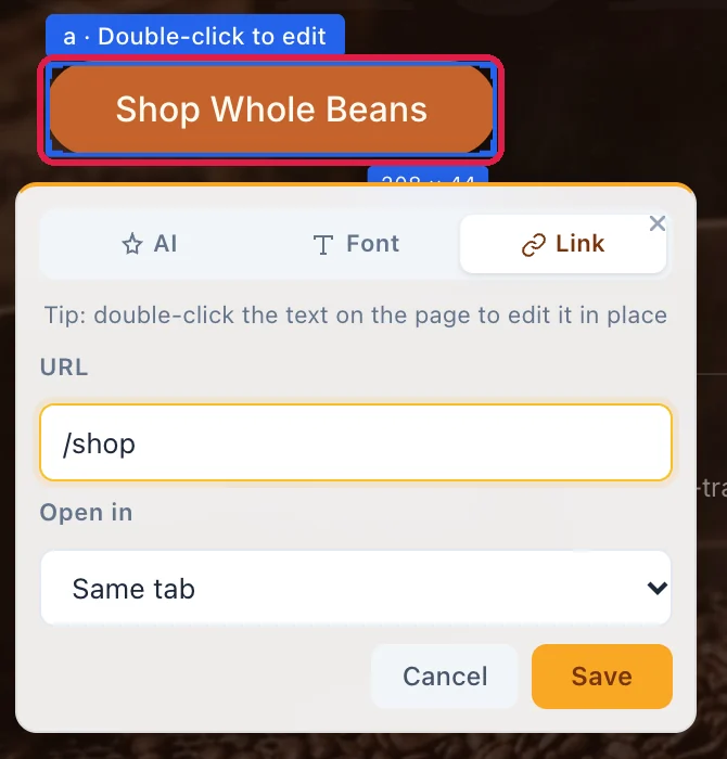 The Shop Whole Beans button selected in the preview, outlined, with its quick settings open below it