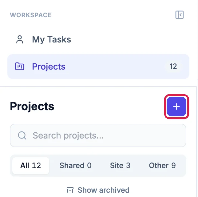 The PM Projects sidebar with My Tasks and Projects, and the plus button next to Projects outlined