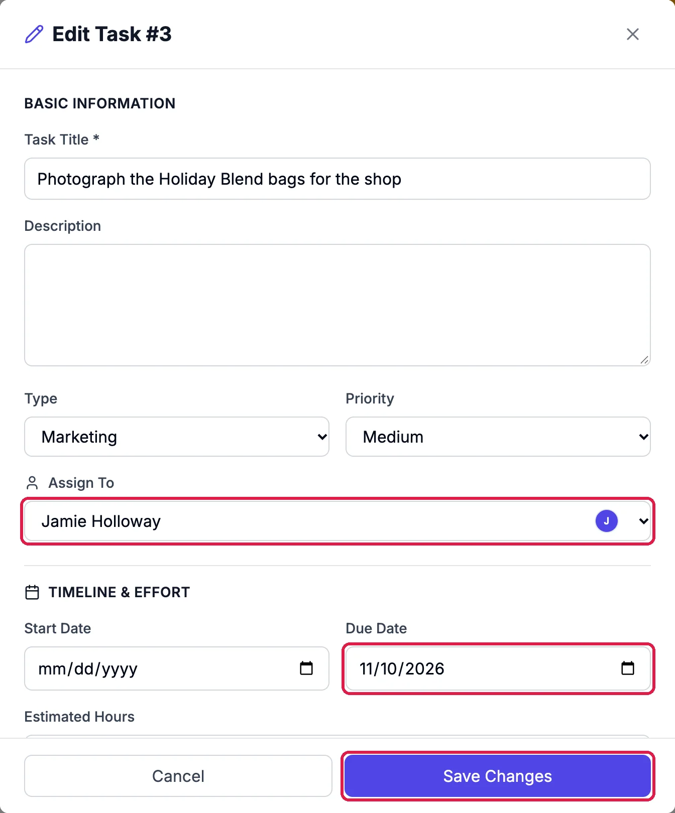 Edit Task #3: Photograph the Holiday Blend bags for the shop, Type Marketing, Assign To Jamie Holloway and Due Date 11/10/2026, both outlined, and Save Changes, outlined