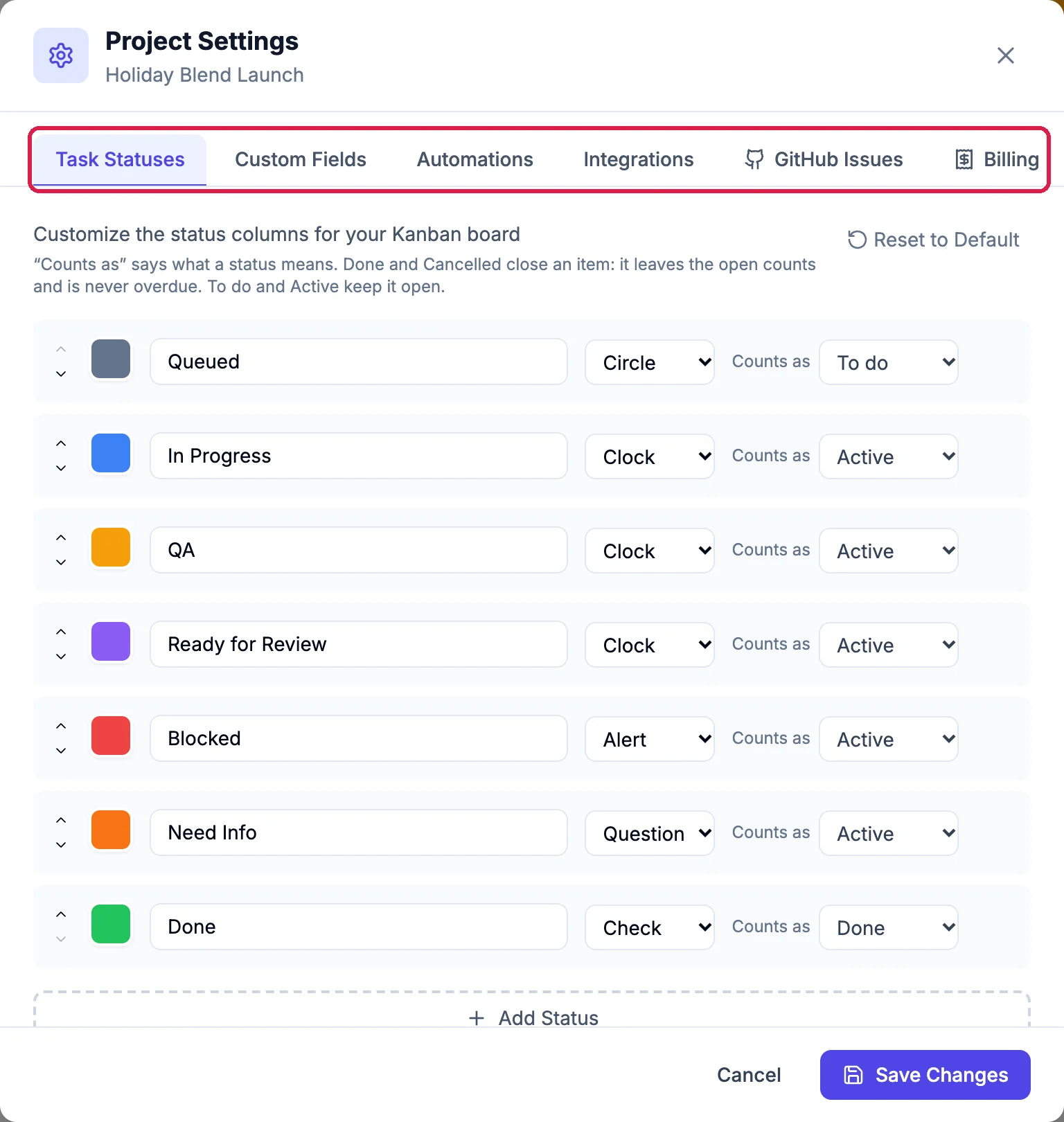 Project Settings for Holiday Blend Launch with the tabs outlined: Task Statuses open, listing Queued, In Progress, QA, Ready for Review, Blocked, Need Info and Done, each with what it counts as