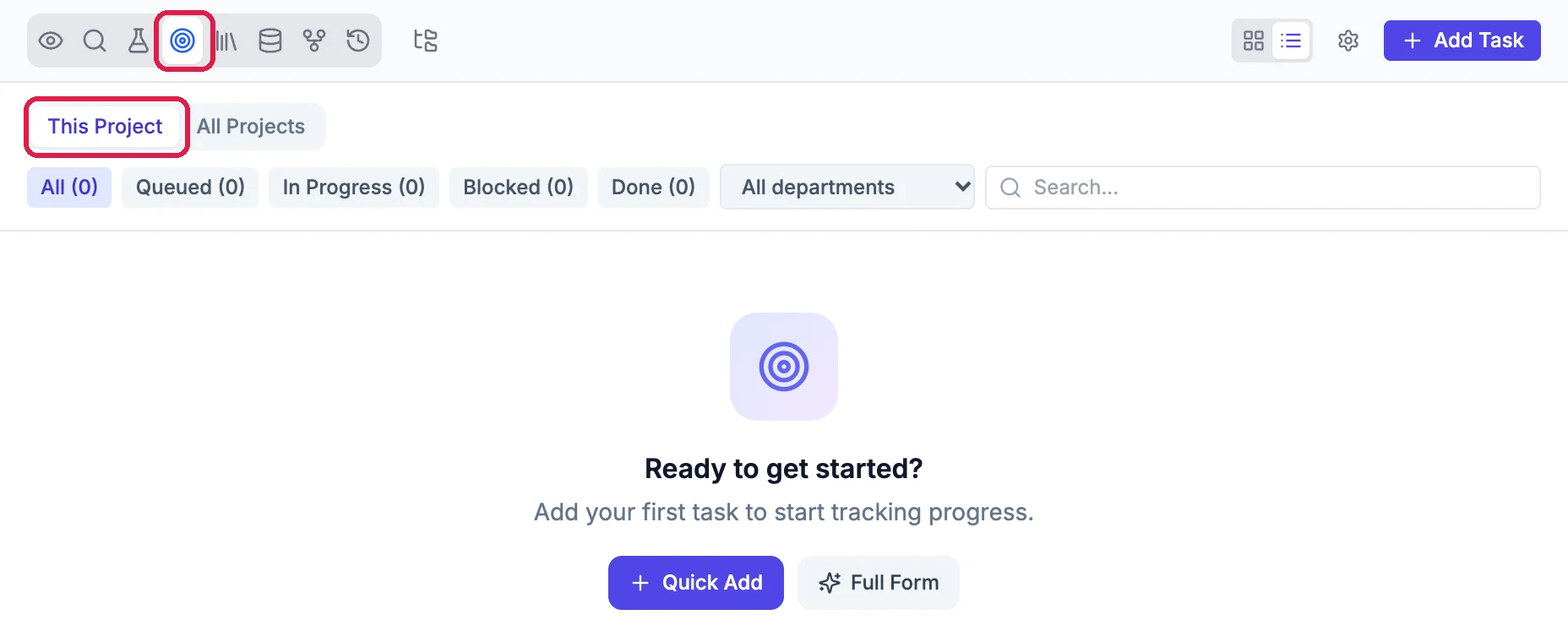 The site builder's toolbar with the Tasks icon outlined, and the Tasks panel with This Project, outlined, All Projects, the status filters and Quick Add