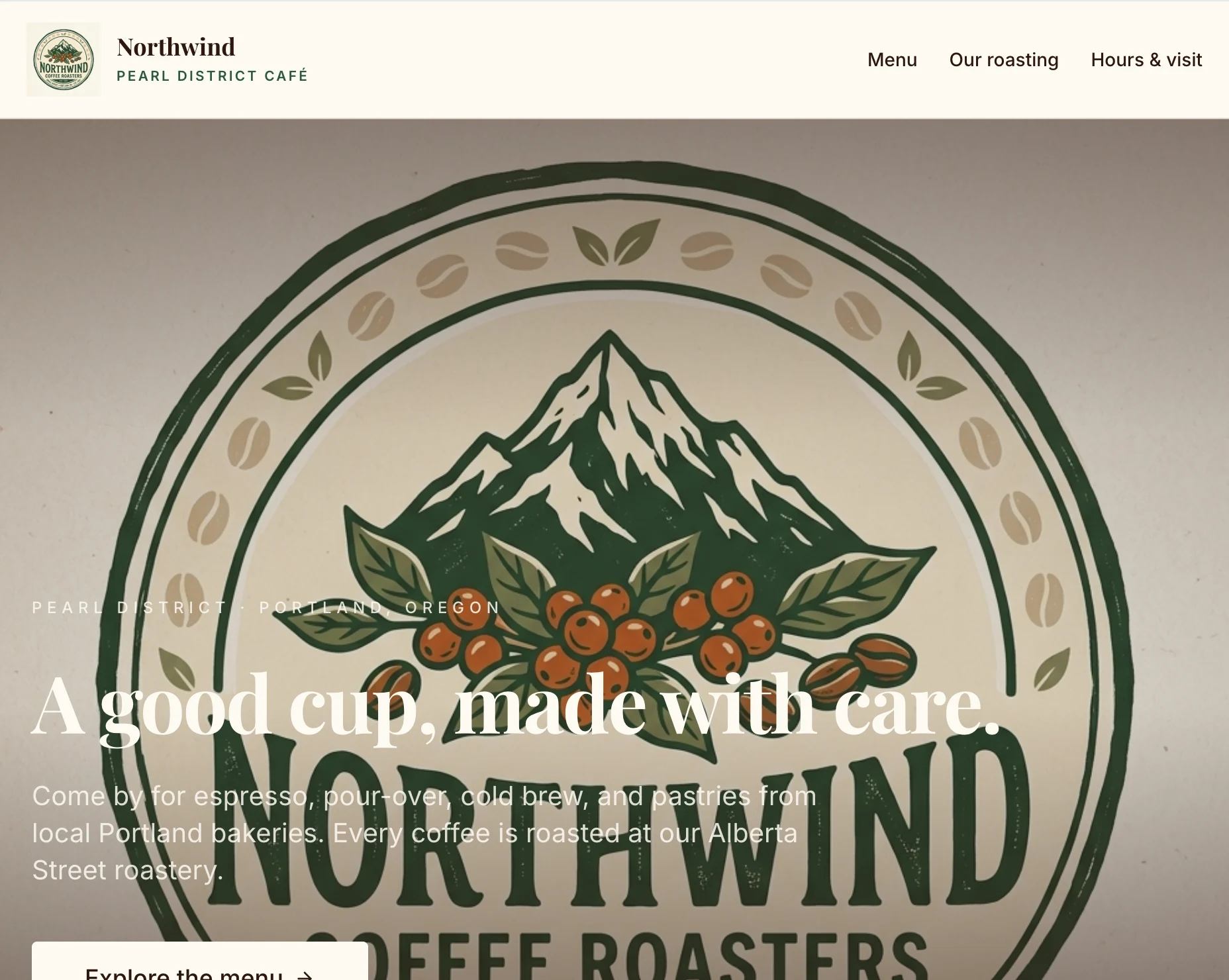 The home page with the Full Bleed Image Hero: the Northwind logo fills the background behind the white headline A good cup, made with care, the description and the Explore the menu button