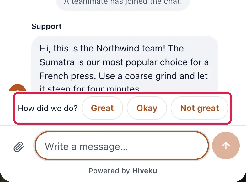 The bottom of the visitor's chat on the website: the team's reply, then How did we do? with Great, Okay and Not great, outlined