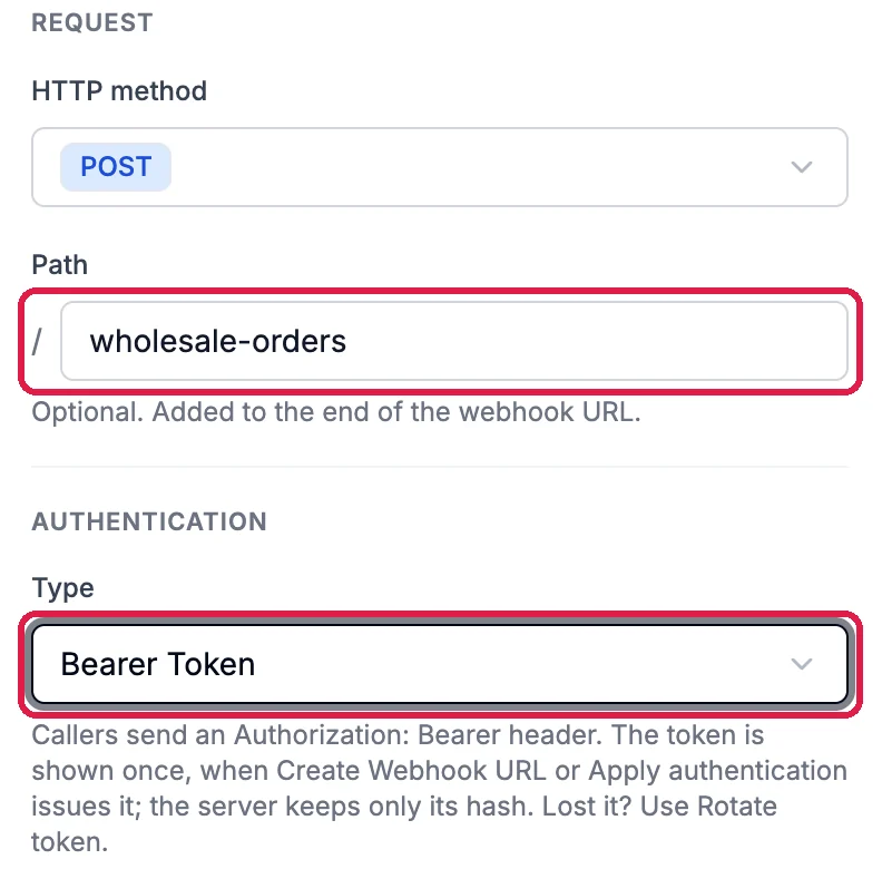 The trigger's settings: Path wholesale-orders, outlined, and Authentication Type Bearer Token, outlined, with the line Callers send an Authorization: Bearer header