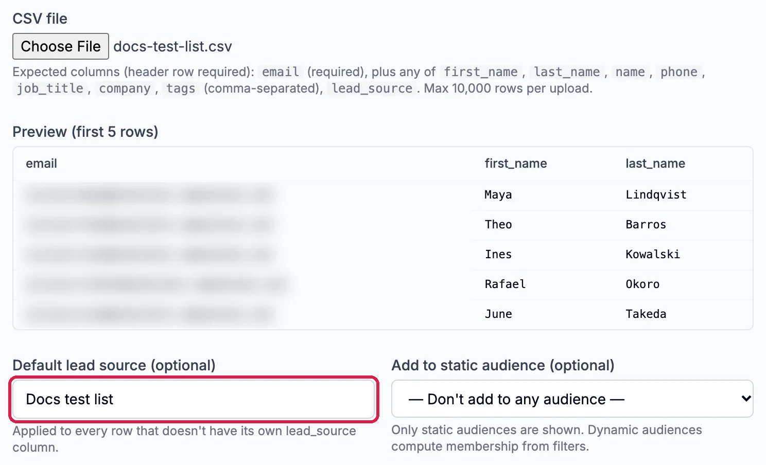 CSV file docs-test-list.csv, the expected columns, Preview (first 5 rows) with first and last names, and Default lead source (optional) Docs test list outlined, beside Add to static audience (optional)