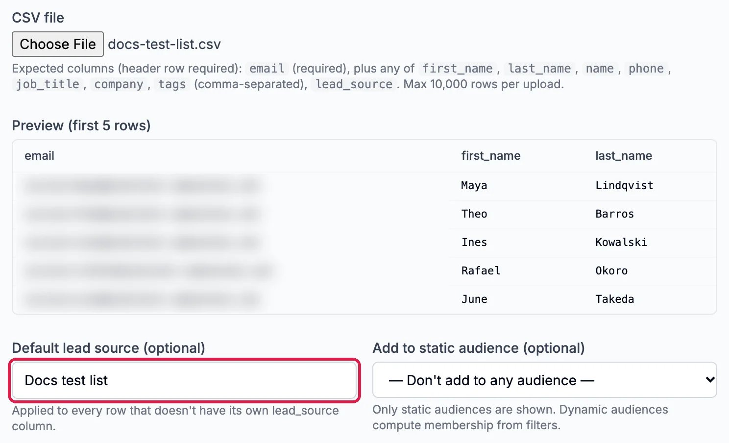 CSV file docs-test-list.csv, the expected columns, Preview (first 5 rows) with first and last names, and Default lead source (optional) Docs test list outlined, beside Add to static audience (optional)