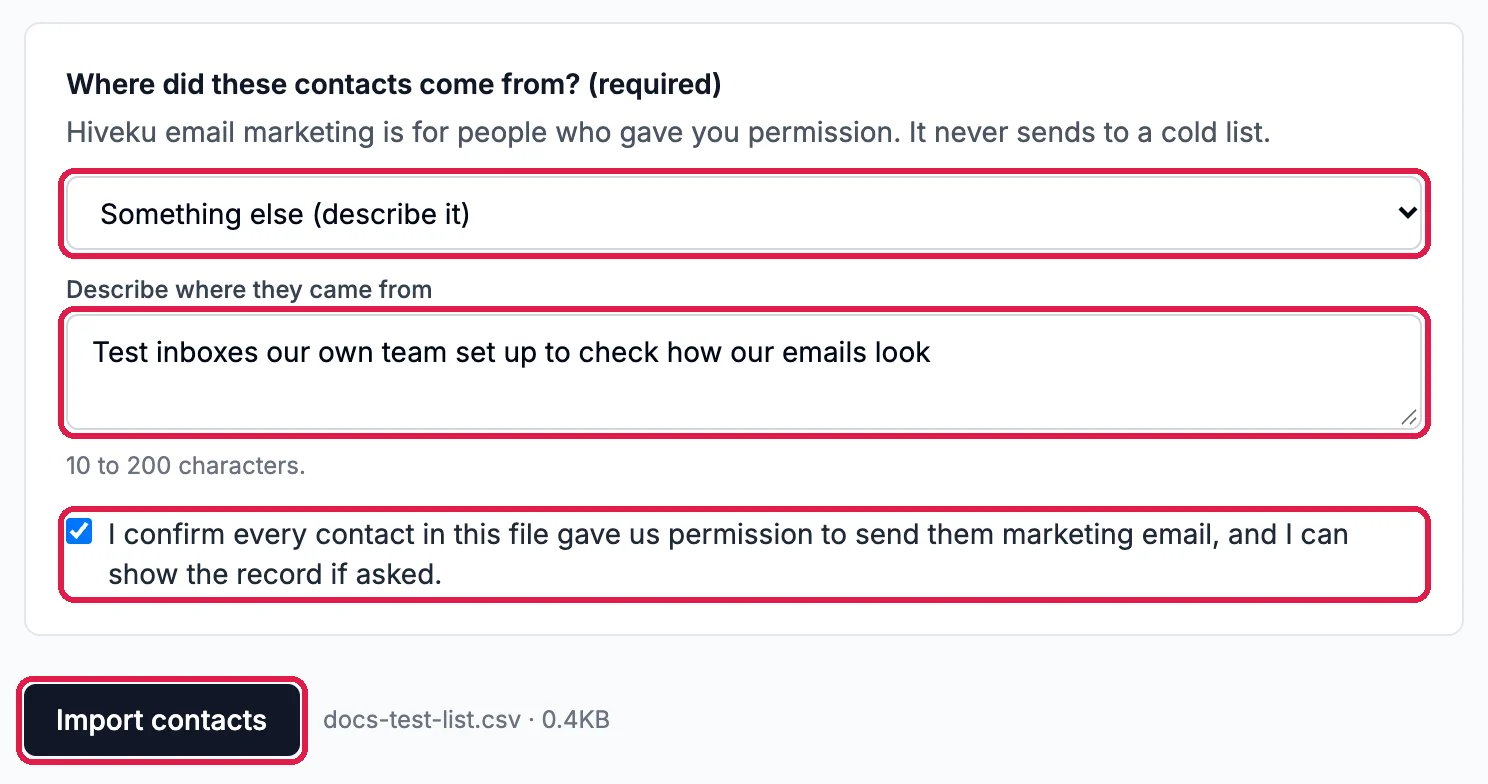 Where did these contacts come from? set to Something else (describe it), the description Test inboxes our own team set up to check how our emails look, and the permission checkbox ticked, all outlined, and the Import contacts button outlined