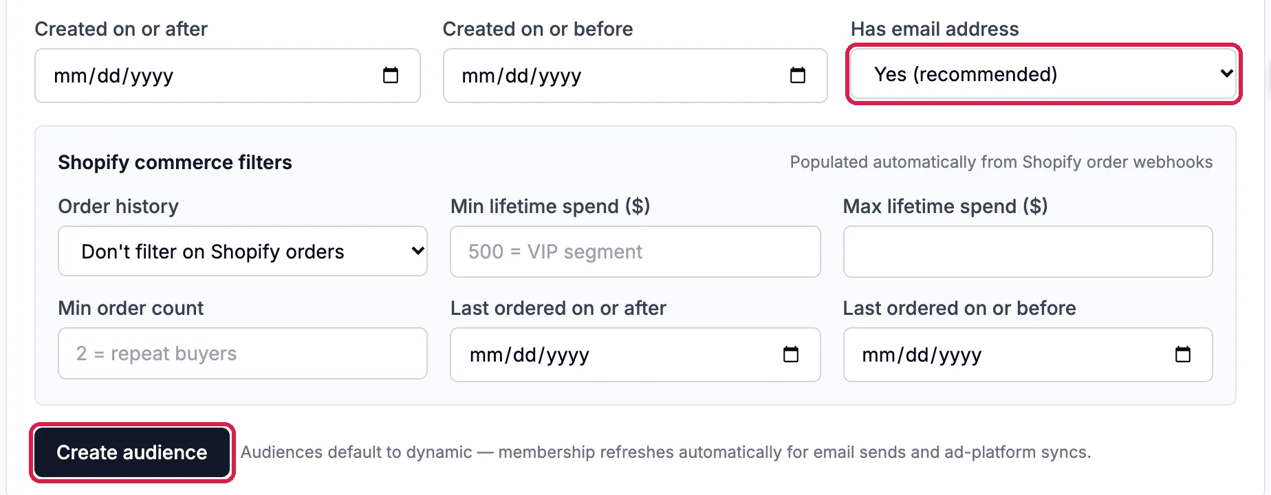Has email address Yes (recommended) outlined, the store order filters, and the Create audience button outlined