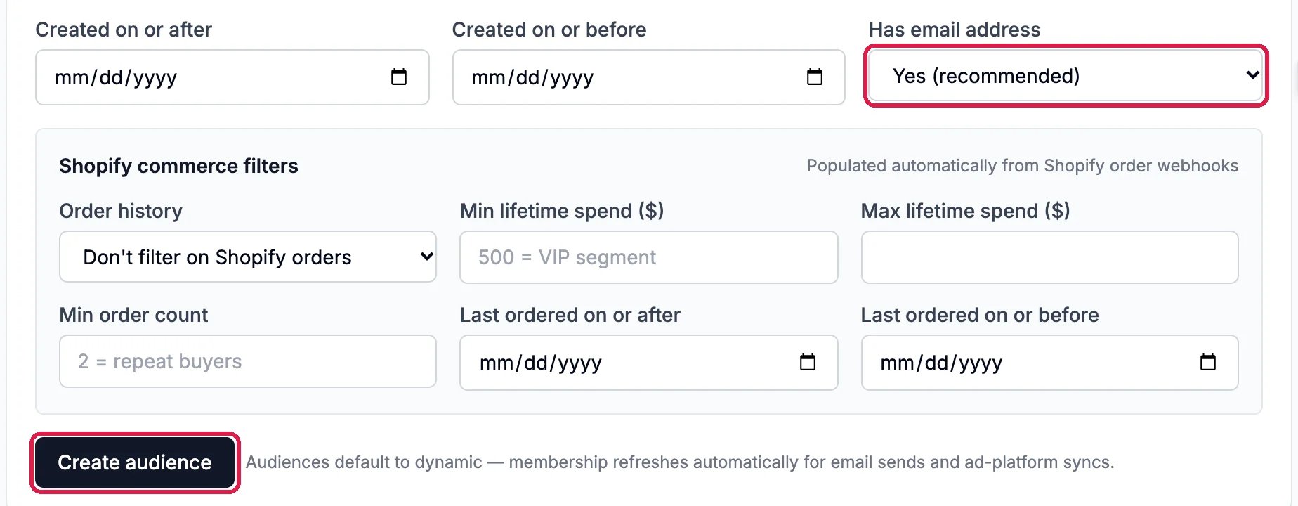 Has email address Yes (recommended) outlined, the store order filters, and the Create audience button outlined